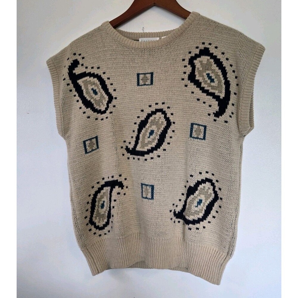 VTG Country Suburbans Vest Womens Sweater‎ S Cream Argyle Paisley Grandpa Office